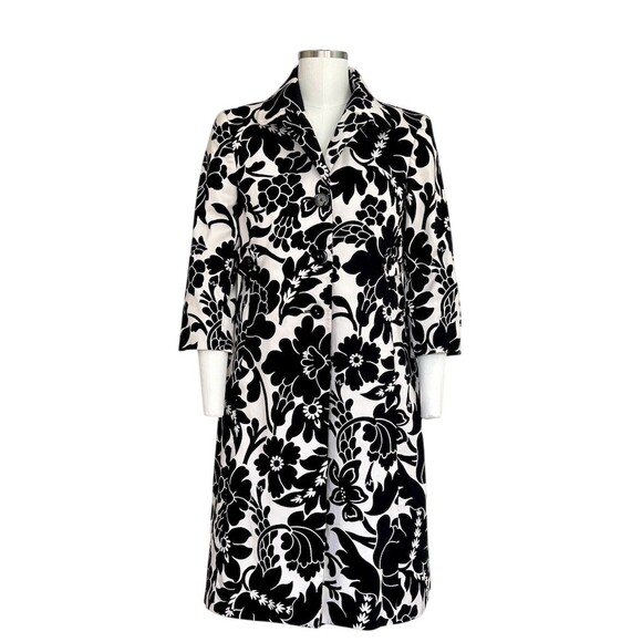 Kasper Coat Womens Petite 6P Black White Floral Long Button Front 3/4